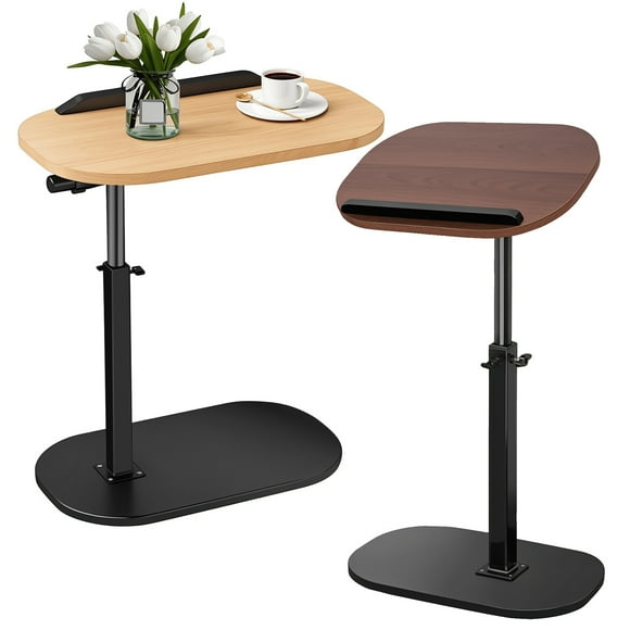 C Shaped End Table, Adjustable Height Skinny Side Table, 360 Degree Swivel TV Tray Table, Night Stand with 2-Tier Storage Shelf, Reversible Couch Table (Brown)