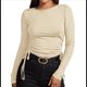 thumbnail image 1 of Camisa Corta de Cuello Redondo, Larga y Cordón Lateral para Mujer, Ajustada, Acanalada Albaricoque S, 1 of 7