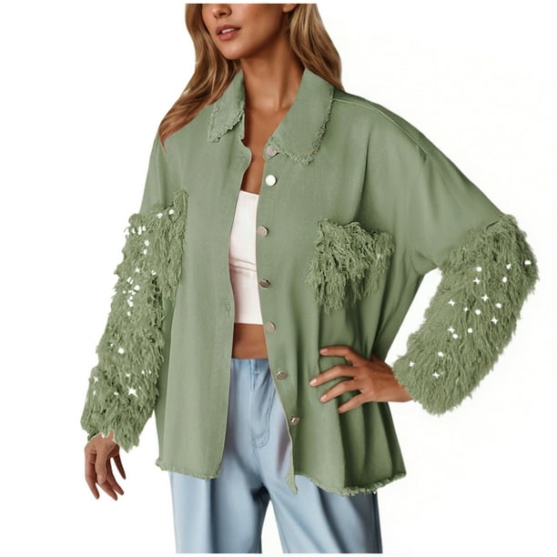 Chaquetas y abrigos casuales de manga larga sin capucha para mujer, chaqueta informal de moda con lentejuelas, bolsillos con botones y capucha de manga larga, tops vaqueros para mujer