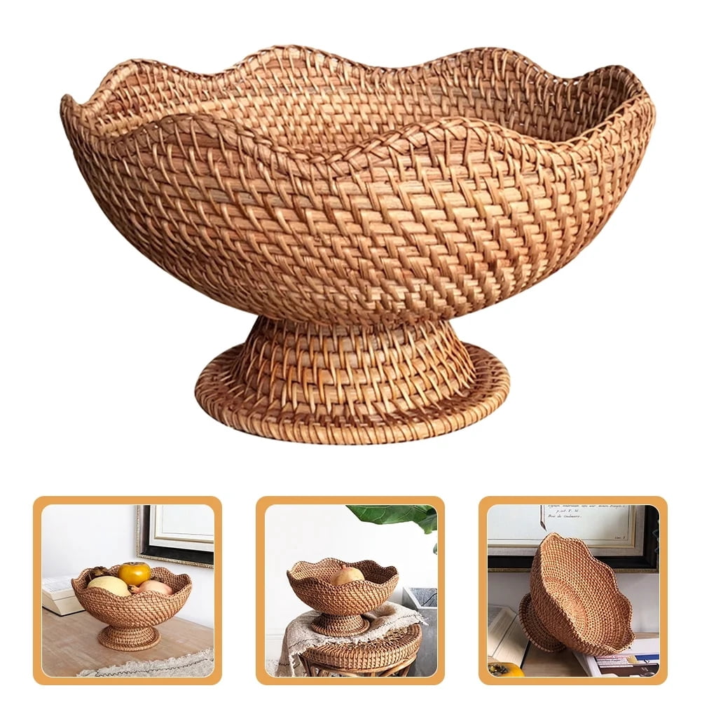 Summer Clearance Rattan Fruit Bowl Footed,Ornate Woven Basket for Kitchen Decor 25cm