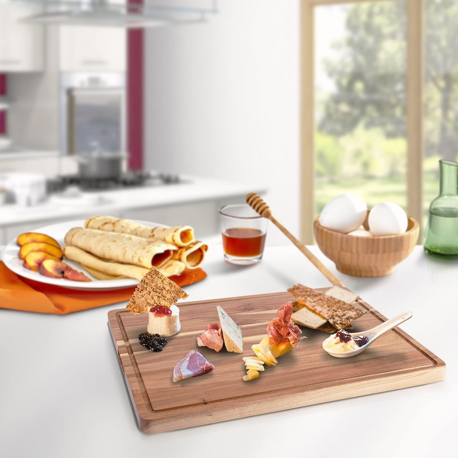 TROPOW Acacia Extra Large Wood Cutting Board, 1.2 Inches Thick Butcher Block, Reversible Wooden Kitchen Block, over Stove Cutting Board, with Side Handles and Juice Grooves, 24 x 18 Inch