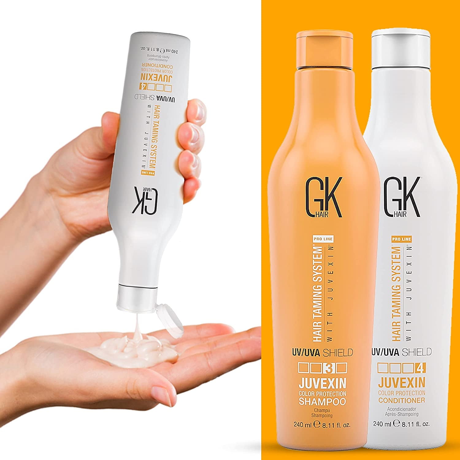 Global Keratin GK Hair Shield Shampoo and Conditioner Duo (240ml/ 8.11 fl. oz) | Against Sun, UV/UVA Rays | For Dry, Split Ends with Aloe Vera and Natural Oils - All Hair Types