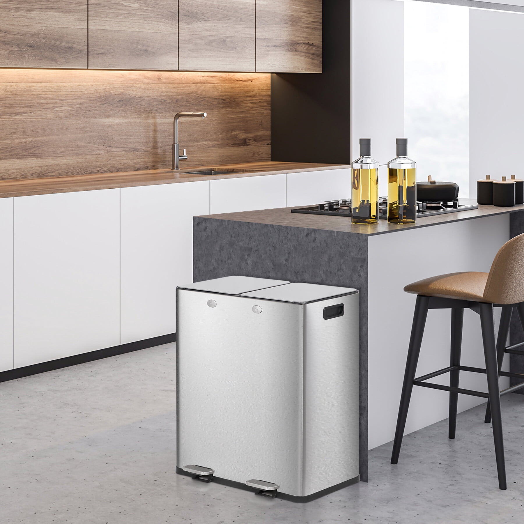 HomGarden 16 Gallon Dual Compartment Trash Can Stainless Steel Step Garbage Can Home Kitchen