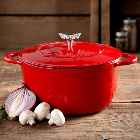The Pioneer Woman Timeless Beauty 5-Quart Cast Iron Dutch Oven with Stainless Steel Butterfly