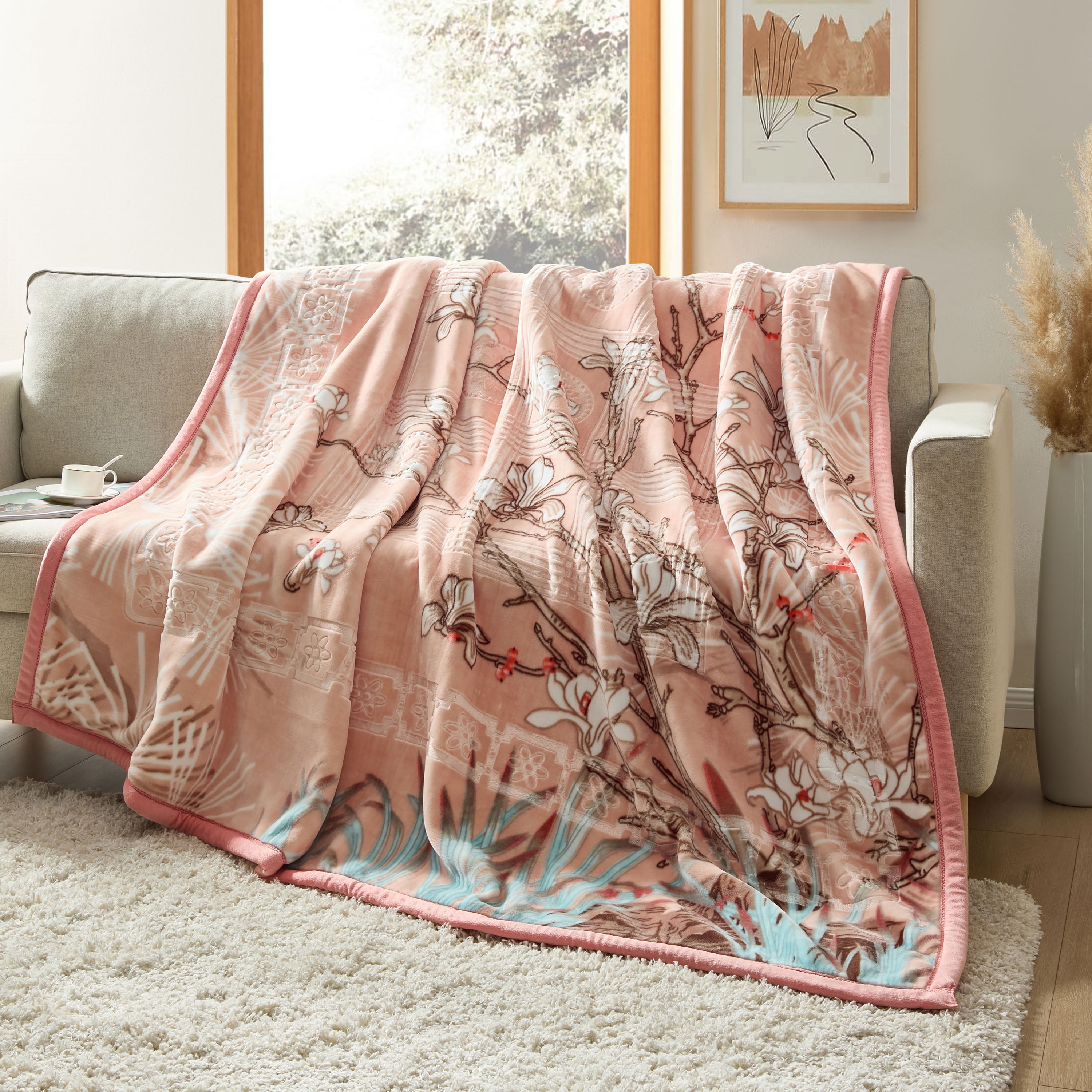 Lammaloe Queen Size Korean Mink Fleece Blanket for Winter, 9 lbs, 79" x 94", Heavy 2-Ply Warm Heavyweight Raschel Bed Blankets, Reversible Printed, Peach