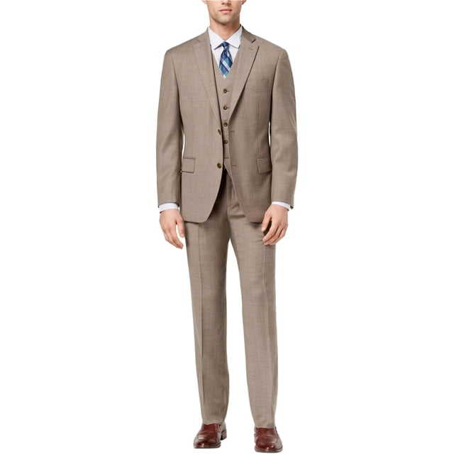 Michael Kors Mens 3 Piece Birdseye Two Button Formal Suit, Beige, 46 Regular / 39W x UnfinishedL