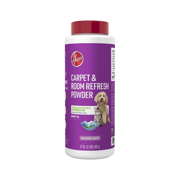 Hoover Carpet & Room Refresher Pet Carpet Powder, Mountain Breeze Scent, for Carpet and Upholstery, Vacuum Safe, Eliminates Pet Odors, AH31211, 32 oz.