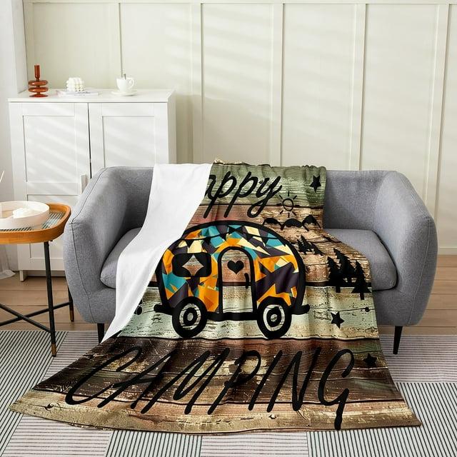 Erosebridal RV Car Flannel Blanket, Rustic Farmhouse Sherpa Throw, Camping Theme Room Decor, Kids