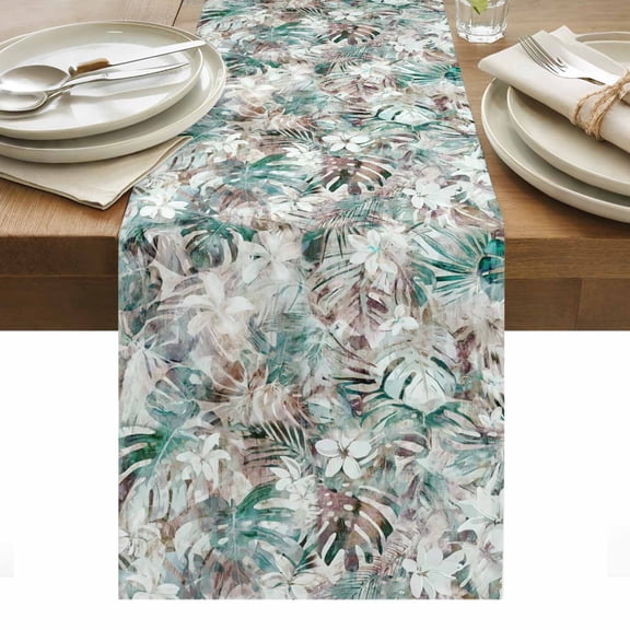 Palm Leaves Table Runner - 90 Inch Long, Kitchen Dining Table Runner Dresser Scarves, Turquoise Tropical Leaf Botanical Retro Spring Farmhouse Decor for Coffee Tables Wedding Party Banquet