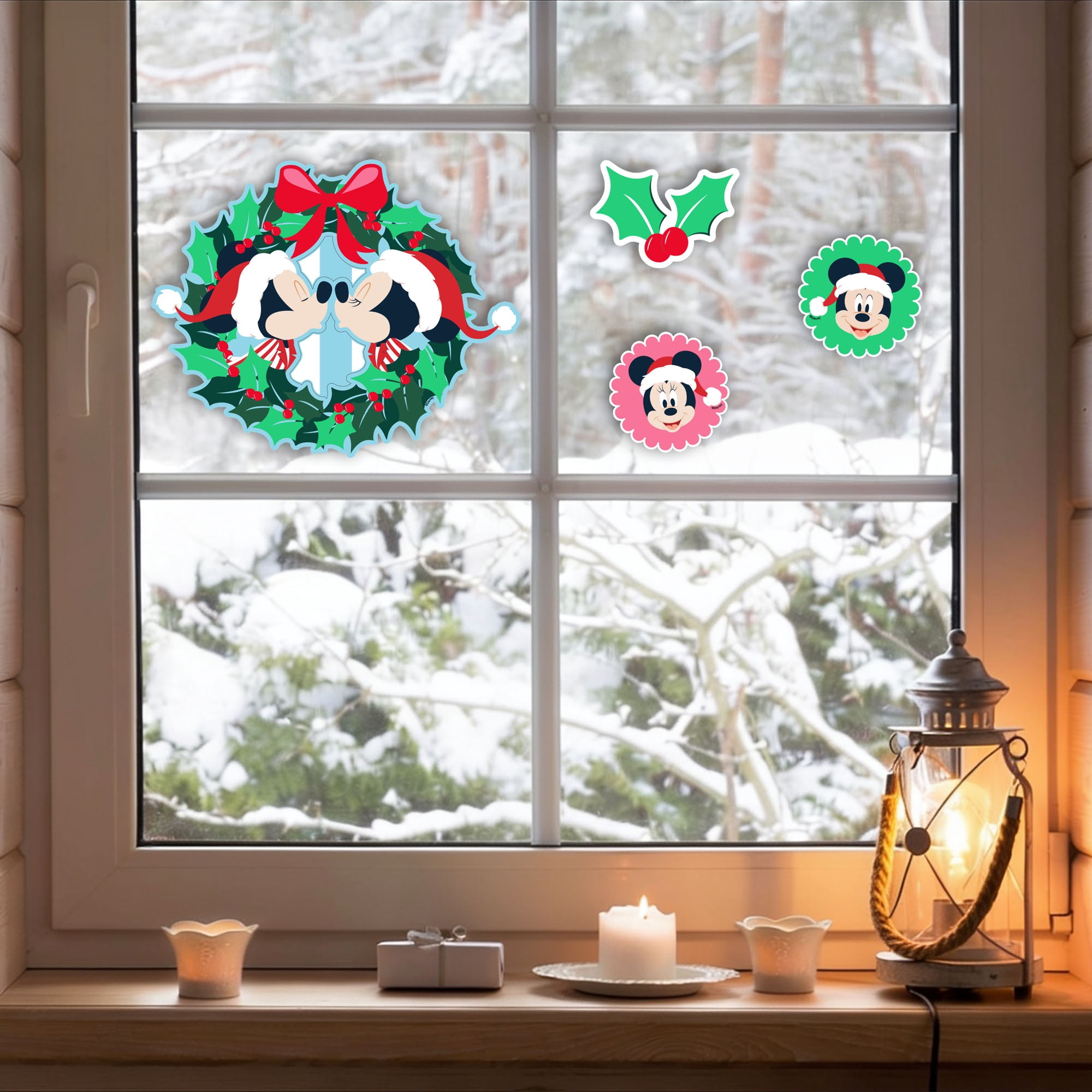 Disney Mickey & Minnie Christmas Window Clings, 4‑Piece Holiday Window Decorations – Festive Wreath & Holiday Icons