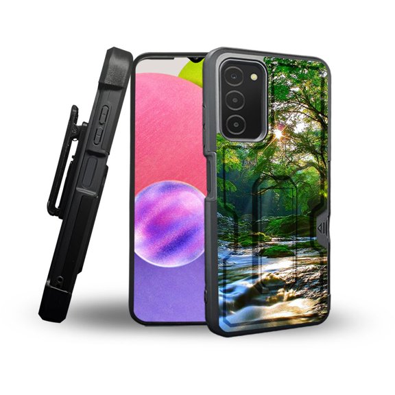 ANJ  Rugged Shockproof Holster Case Card Slot Kickstand   Tempered Glass Cover for Samsung Galaxy A03s - Forest Stream