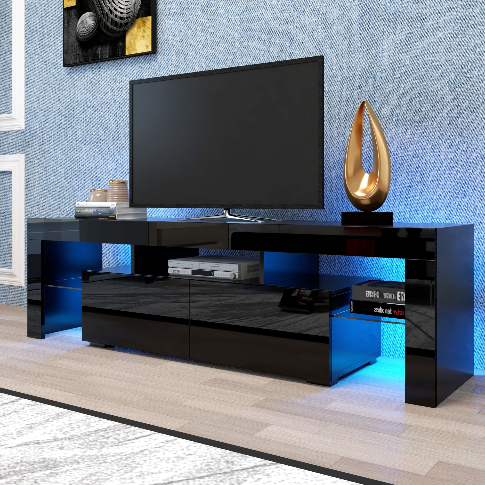 Hommoo TV Stand Cabinet for Living Room up to 70 Inch TV, Entertainment Center with 16 Color LED Light, TV Stand High Gloss TV Console Table for Living Room, Black