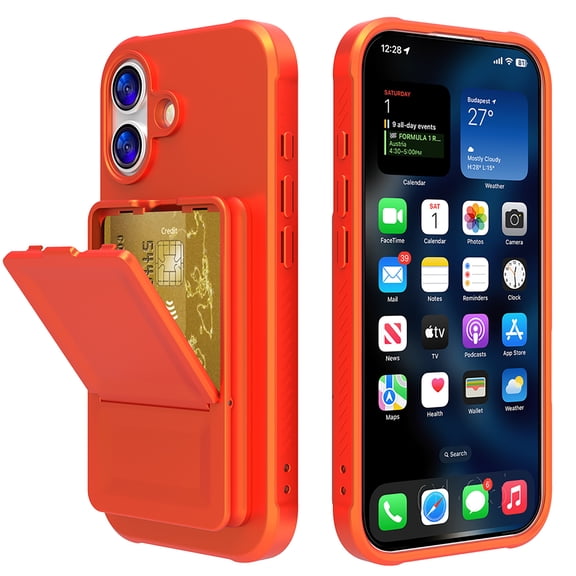 Allytechgroup iPhone 17 Case with Card Slots & Makeup Mirror, Rugged Shockproof Kickstand Bumper  Protective Hard PC Cover Phone Case for Apple iPhone 17, Orange