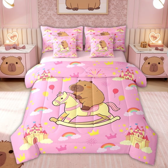 Erosebridal Capybara Twin Bedding Sets for Kids, Fairy Castle Bedding Comforter Set, Pink Reversible, 7-Piece