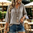 thumbnail image 2 of VBVC Women's Gingham V Neck Blouse, Ladies' 3/4 Sleeve Summer Tunic Top, Casual Loose Fit Checkered Shirt For Women, Brown , S-3XL, 2 of 8