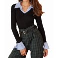 thumbnail image 2 of Womens Long Sleeve Pol-O Shirts Business Casual Work Tops Slim Fit V Neck Collared Patchwork Fall Outfits Black S, 2 of 6