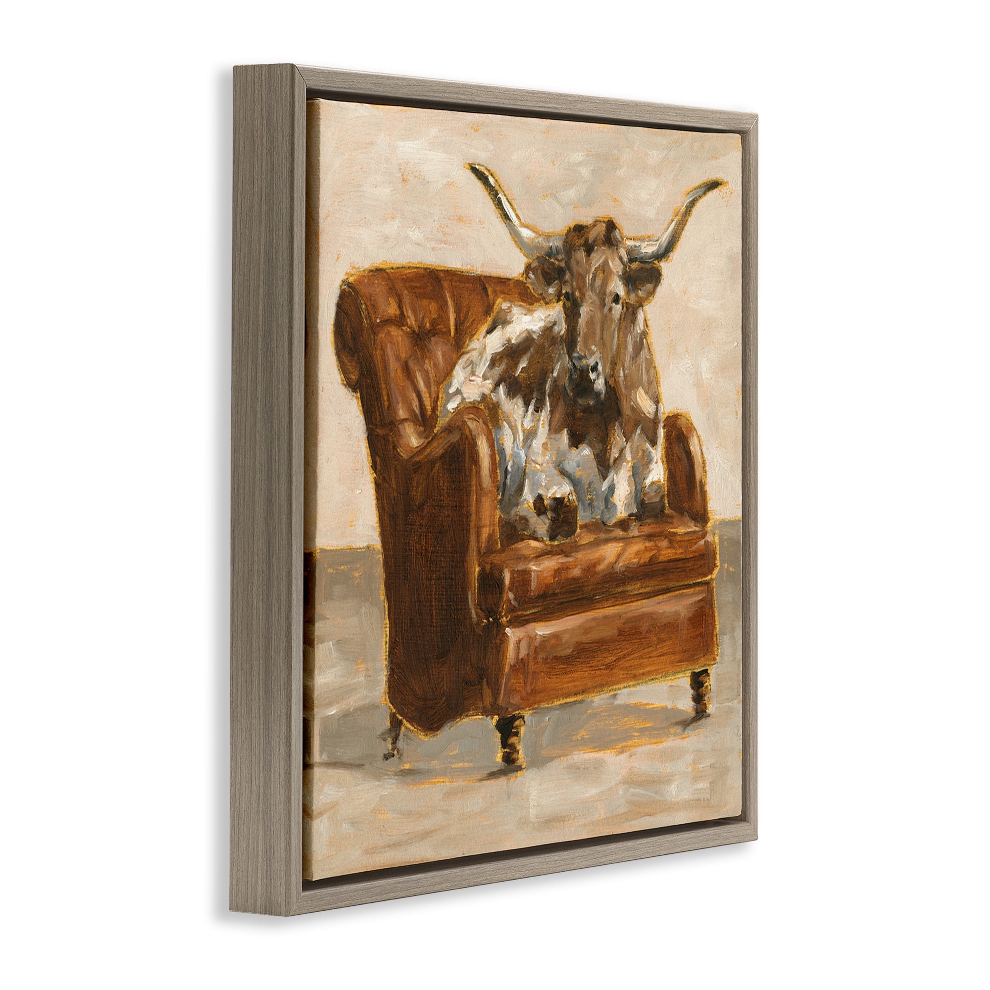Stupell Industries Abstract Bull Livingroom Chair Animals & Insects Painting Brown Floater Framed Canvas Art Print Wall Art, 18 x 18