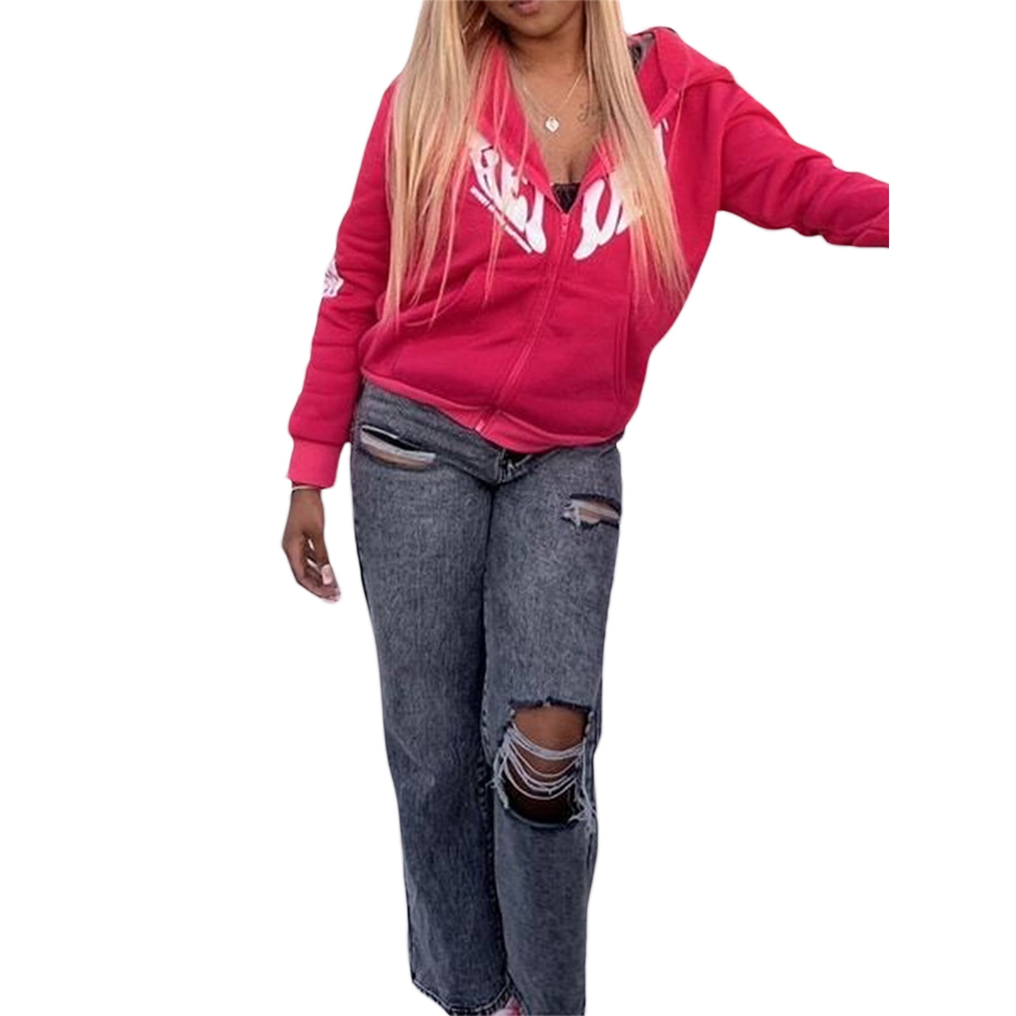 Diconna Women Hoodie Long Sleeve Letters Print Sweatshirt Cool Street Cual Jacket Outwear