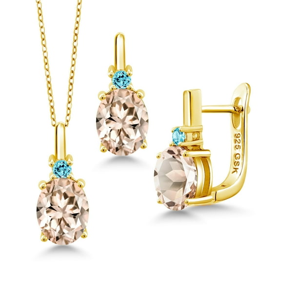 Gem Stone King 4.88 Ct Peach Morganite Swiss Blue Topaz 18K Yellow Gold Plated Silver Pendant and Earrings Jewelry Set