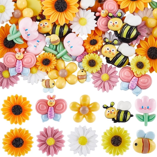 1 caja de 60 piezas de 10 estilos de cabujón de abeja, mariposa, resina plana, bonitos cabujones de margaritas y girasoles brillantes.
