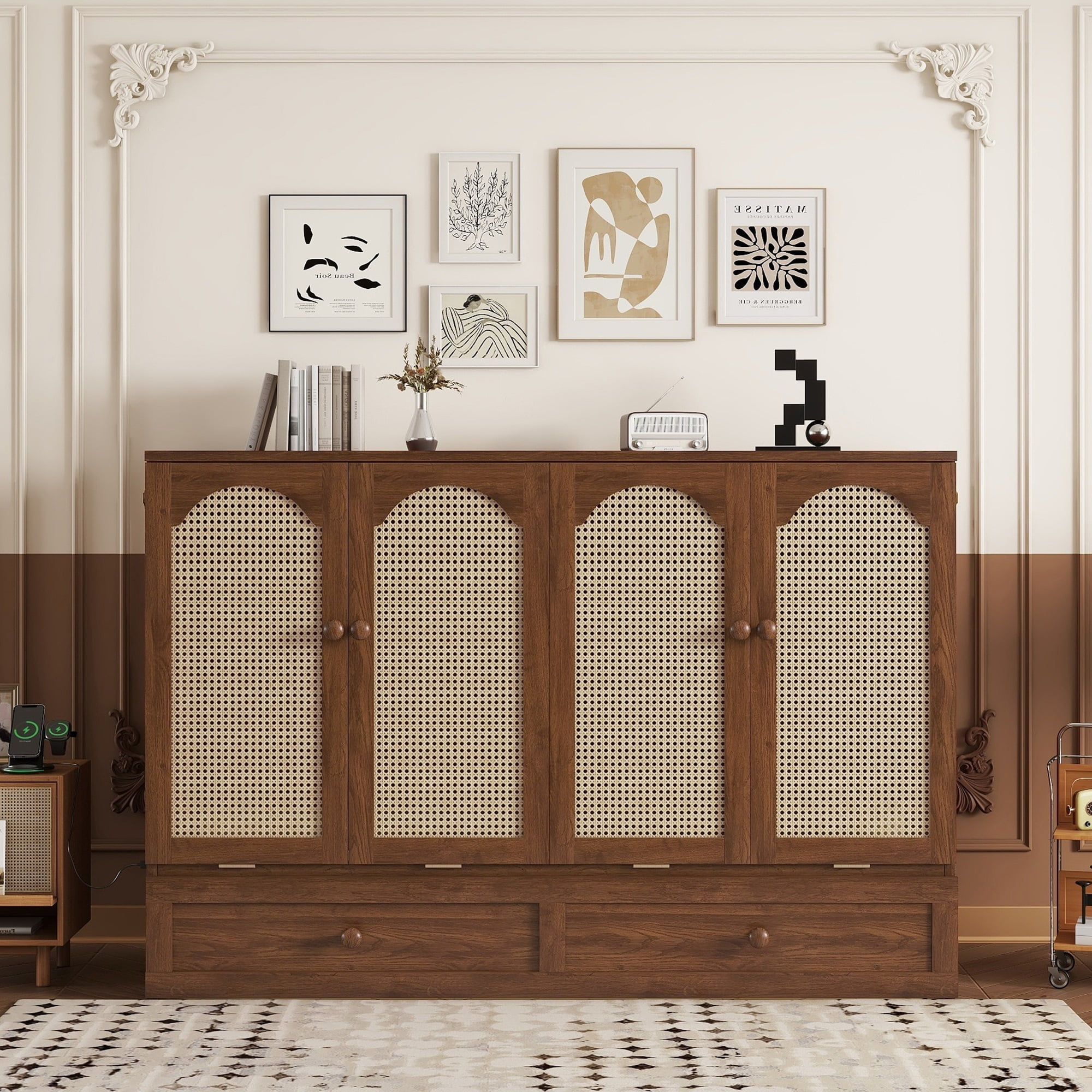 Alvantor Queen Size Murphy Bed with Drawer and Power Stations, Space-Saving Cabinet Bed with Rattan, Walnut