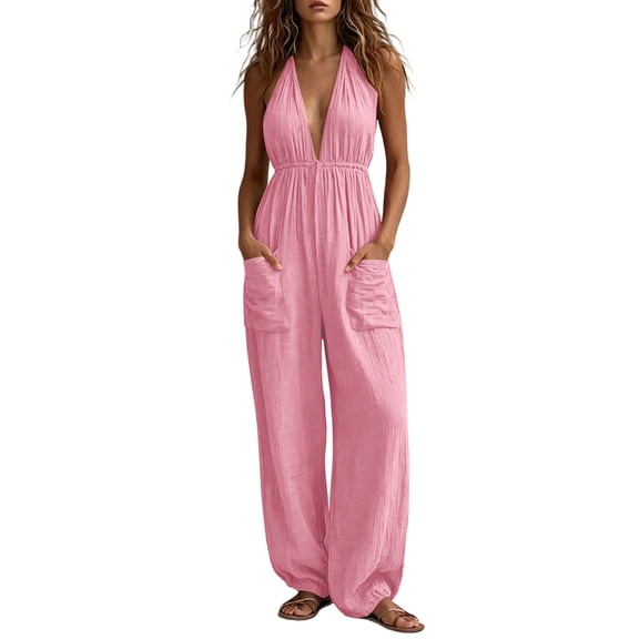 BVnarty Women Halter Deep V Gathered Waist Jogger Jumpsuit, Large Patch Pockets Relaxed Silhouette for Coastal Trip Pink S
