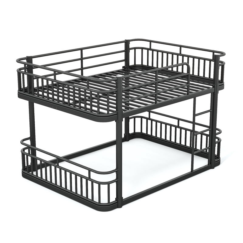 Queen over Queen Bunk Bed with Built-in Ladder & Safe Guardrails, Curved-Edge Sleek Metal Bed Frame with No Slat Floor Bed