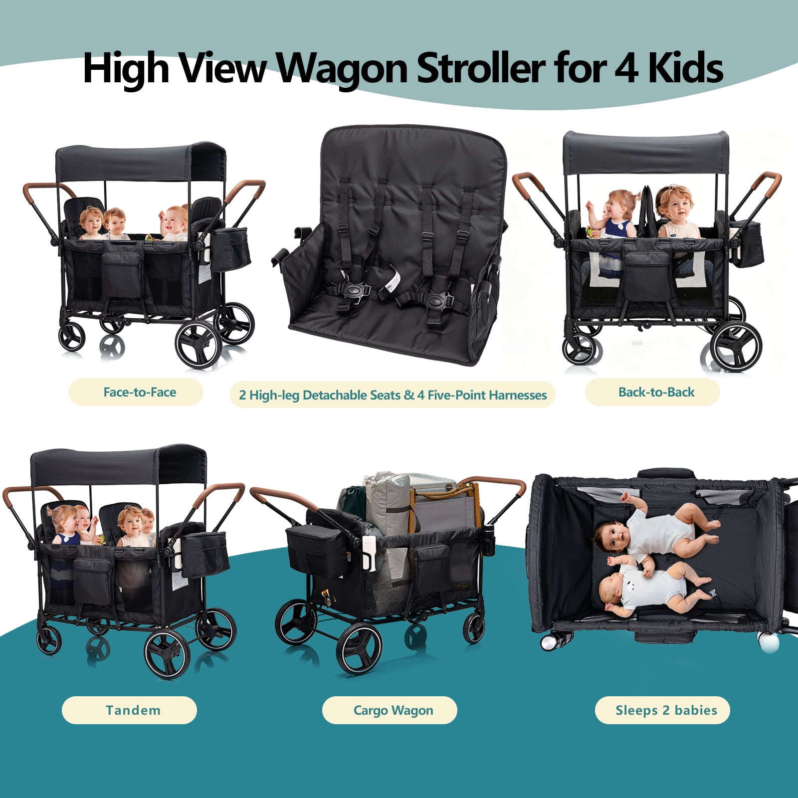 Stroller Wagon for 4 Kids, Premium High-Leg 4-Seater Push Pull Wagon with 2 Removable Seats, 5-Point Harnesses, Adjustable Canopy, Mosquito Net,Snack Tray, Storage, Easy Fold for Travel Camping