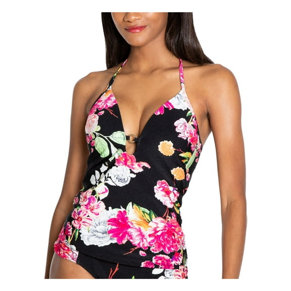 RACHEL RACHEL ROY Women's Black Floral Stretch Ring Plunging Tie Molded Cup Deep V Neck Halter Tankini Swimsuit Top S