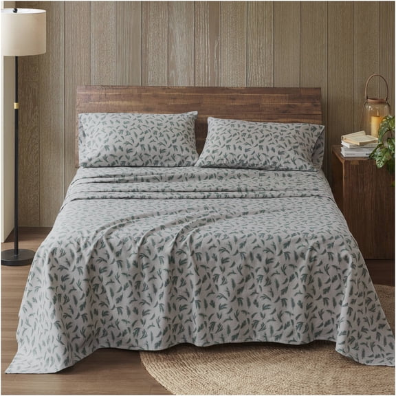 JERFIT 4-Piece California King Flannel Sheet Set - 100% Cotton Printed Bedding, Soft & Wrinkle Resistant, Pine Branches Design for All Seasons