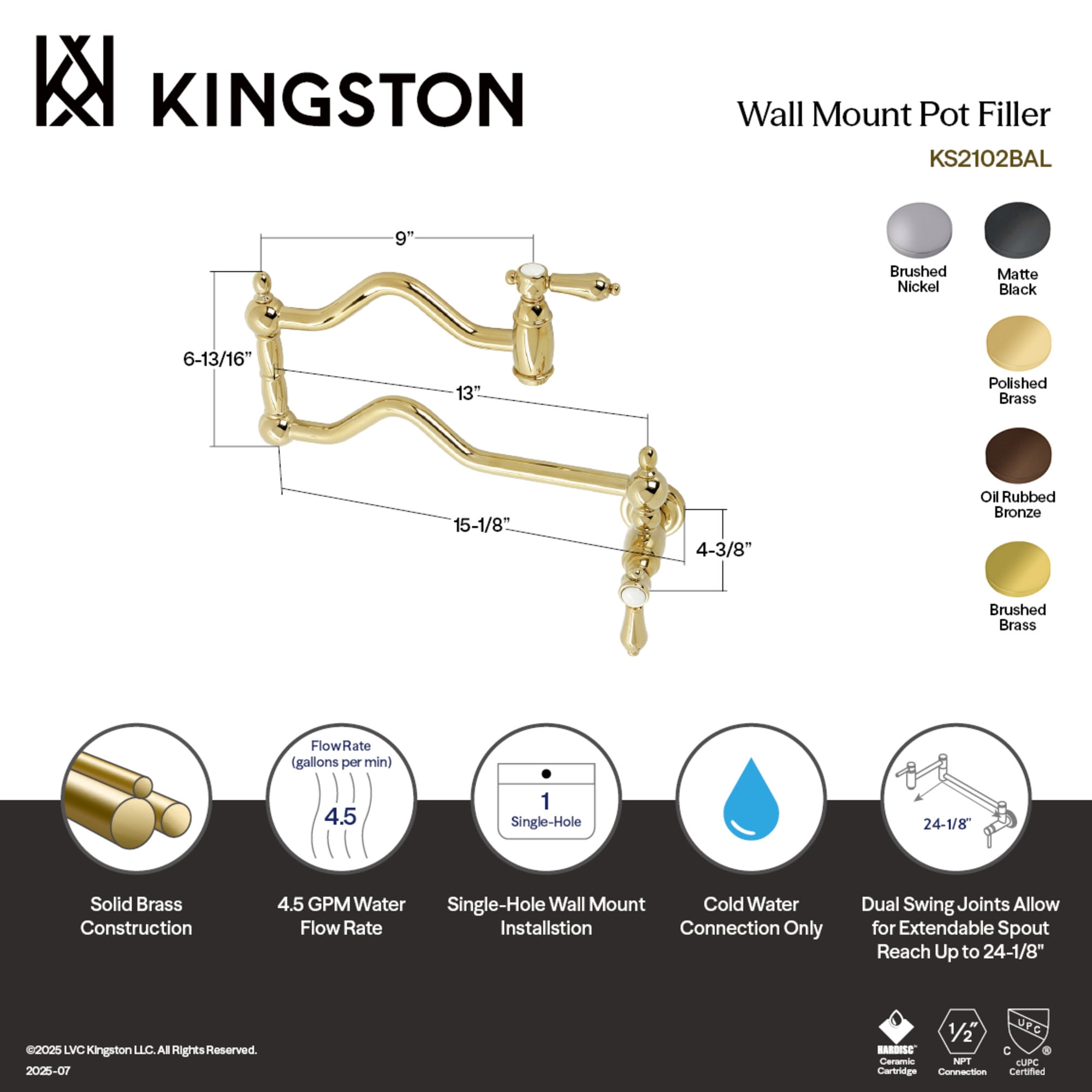 Kingston Brass KS2102BAL Heirloom Two-Handle 1-Hole Wall Mount Pot Filler Faucet in Polished Brass