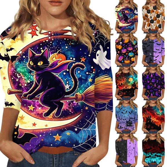 Halloween Shirts for Women Spider Bat Print 3/4 Sleeve Cute T-Shirt Witch Hat Loose Fit Crew Neck Funny Horror Tees S