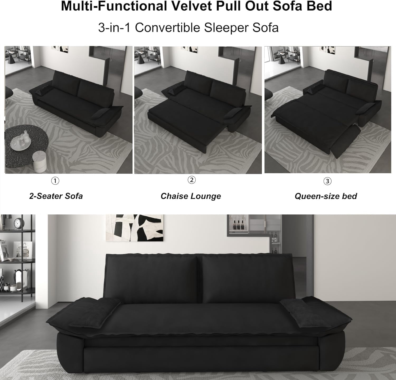 73.2" Futon Sofa Bed Queen Size, Pull Out Bed, 3-in-1 Convertible Sleeper Sofa with 2 Soft Pillows, Modern Velvet Futon Couch for Living Room, Small Space, Apartment, Bedroom, Black