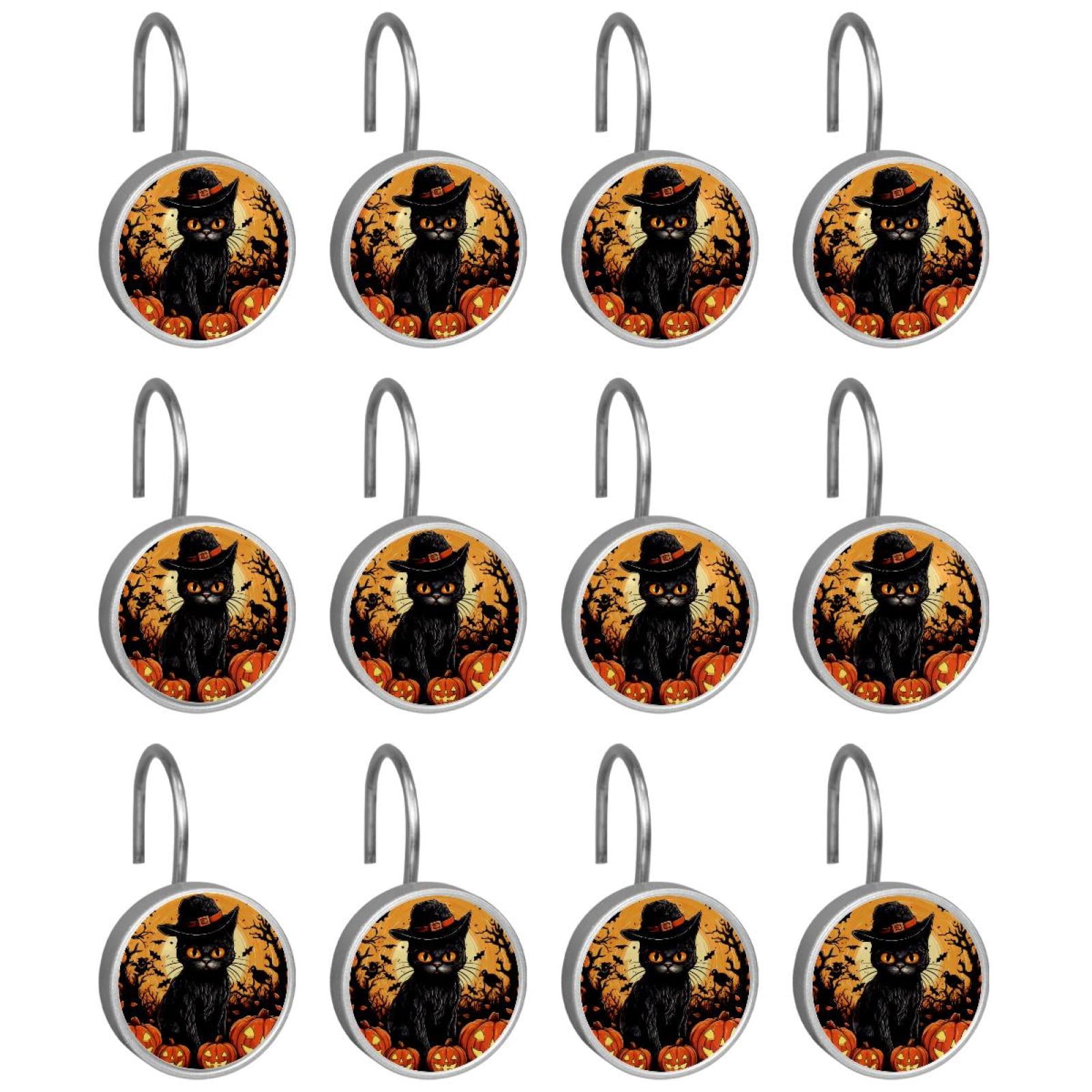 12pcs Decorative Shower Curtain Hooks, Rust Resistant Shower Rings for Bathroom Living Room,Rustproof Stainless Steel Rings for Shower Curtain and Liner Rods,Halloween Black Cat