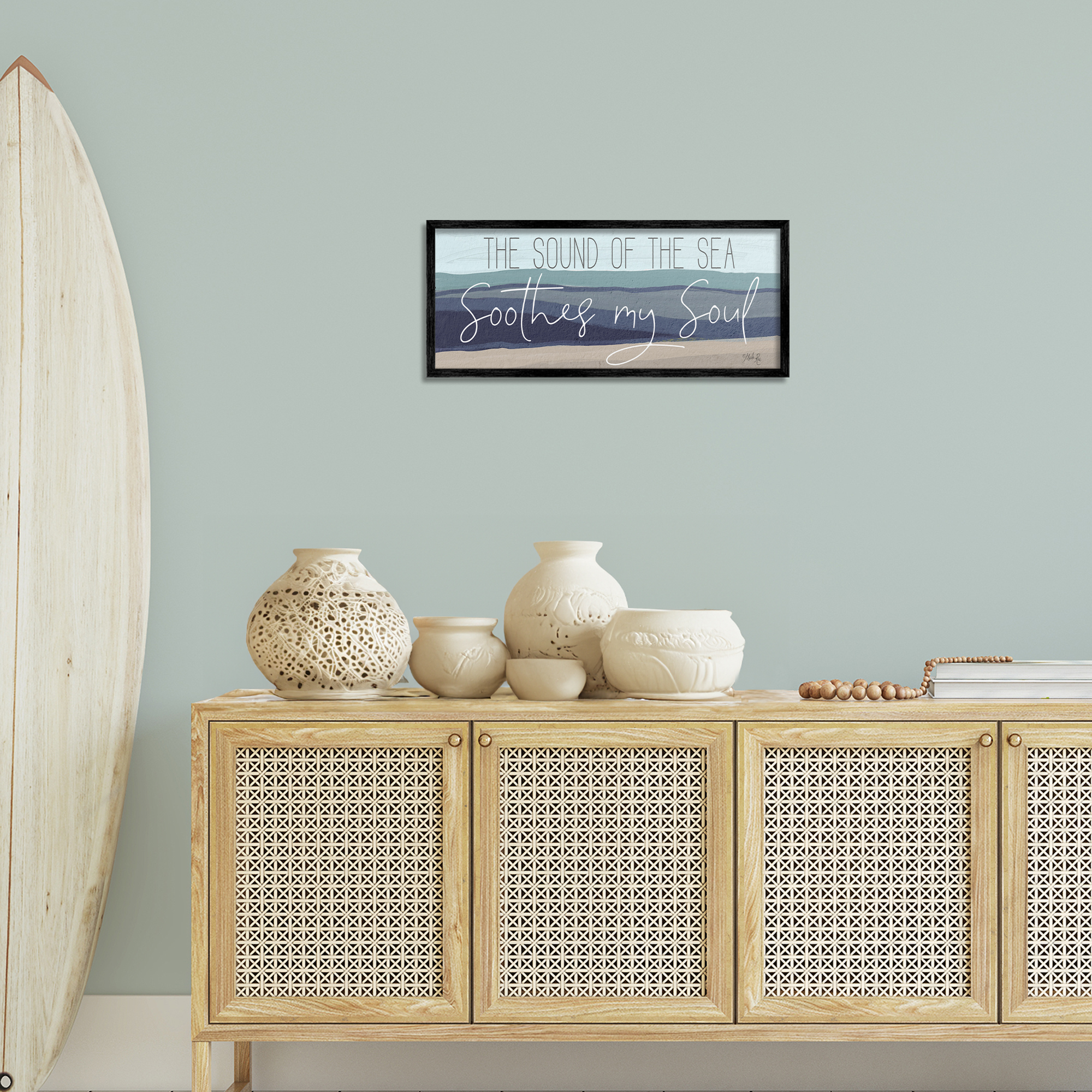 Stupell Industries Sound Of The Sea Coastal Painting Black Framed Art Print Wall Art, 24 x 10
