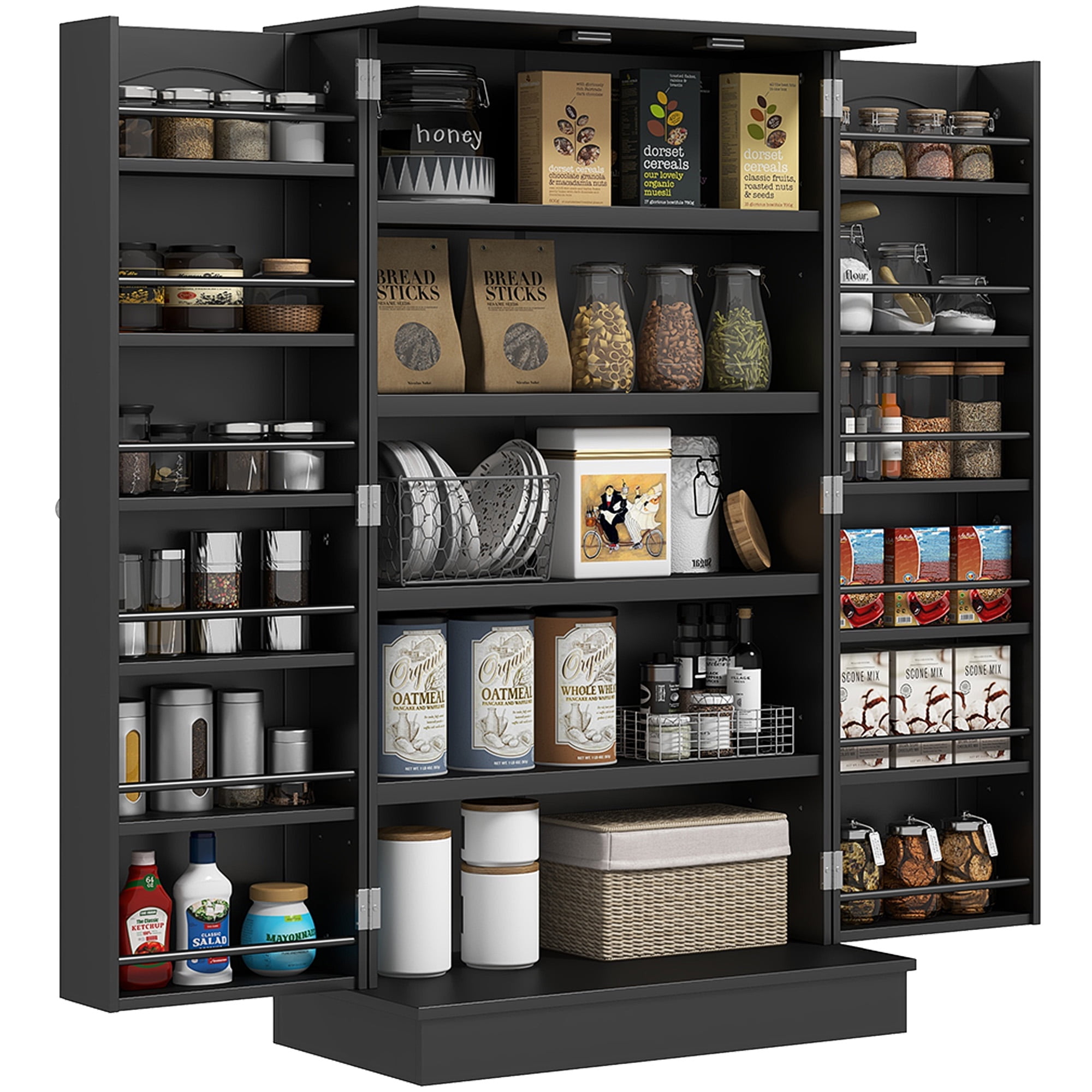 HOMCOM 41" Kitchen Pantry, 2-Door Kitchen Cabinet with 5-tier Storage Shelving, 12 Spice Racks and Adjustable Shelves for Dining Room, Black