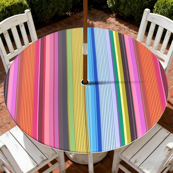 Outdoor Tablecloth with Umbrella Hole and Zipper, Round Fitted Patio Table Covers for Spring/Summer, Machine Washable Outdoor Picnic Table Cloth (Stripes, 36-44" Round)