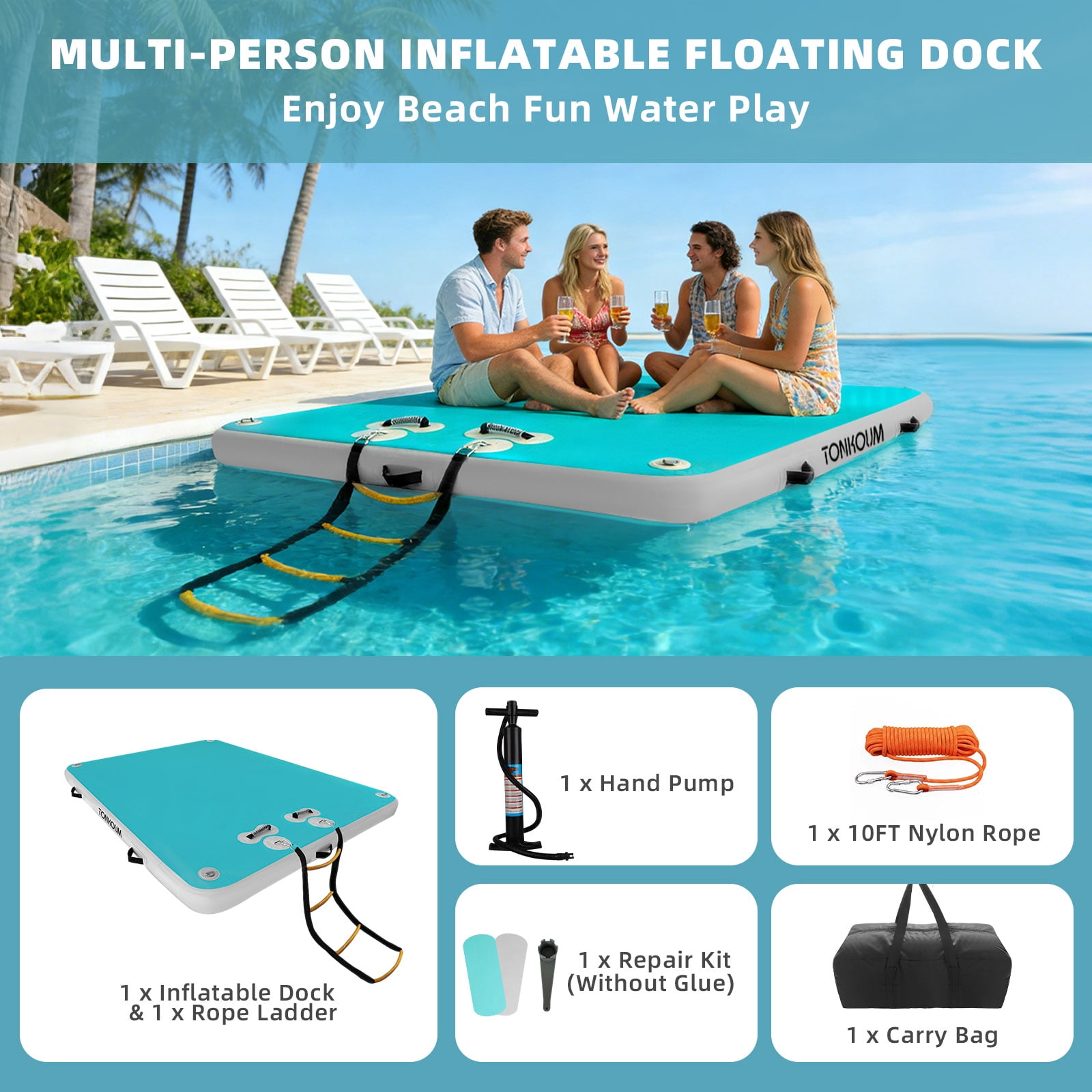 TONKOUM 8 x 5.25FT Floating Dock Inflatable Water Platform For Lake/Boat/Island/Pool (Lake Blue & Gray)