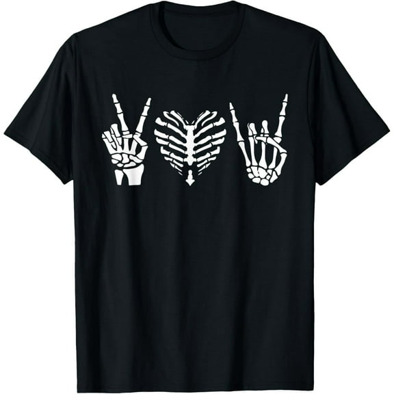 Funny Skeleton Peace Love Rock Hand Unisex Short Sleeve Graphic T-Shirt