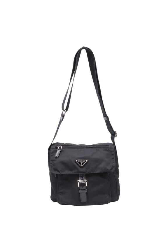 Pre-Owned Prada Re-Nylon Vela Single Buckled Messenger Bag in Black Polyamide