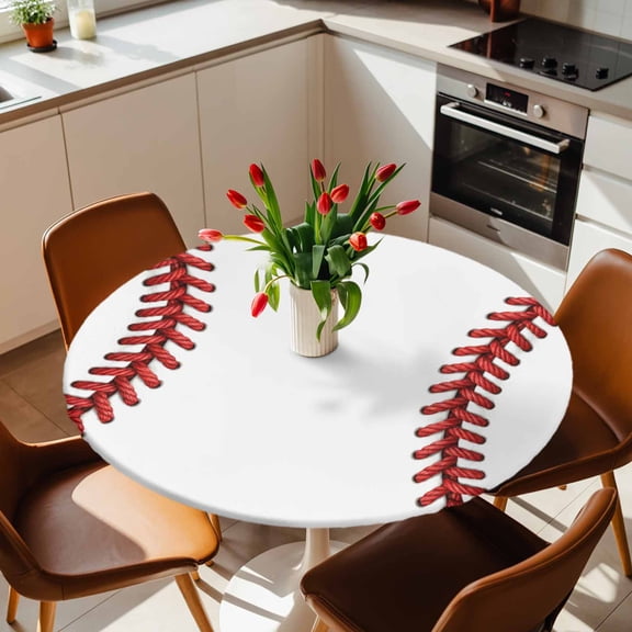 Round Fitted Tablecloth with Elastic Edge, Baseball Stitches Texture Fitted Table Cloth for Round Tables, Modern Minimalist Sport Theme Waterproof Tablecloth for Outdoor Picnic Party 36-44in