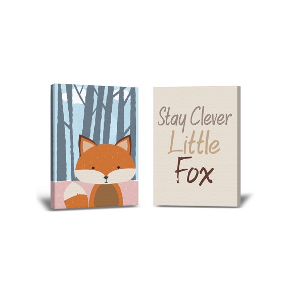 Awkward Styles Fox Printed Canvas Art Quotes Decor Kids Stay Clever Wall Art Fox Canvas Illustration Little Fox Nursery Baby Room Decor Stretched Canvas Artwork for Home Fox Lovers Decor Set of 2