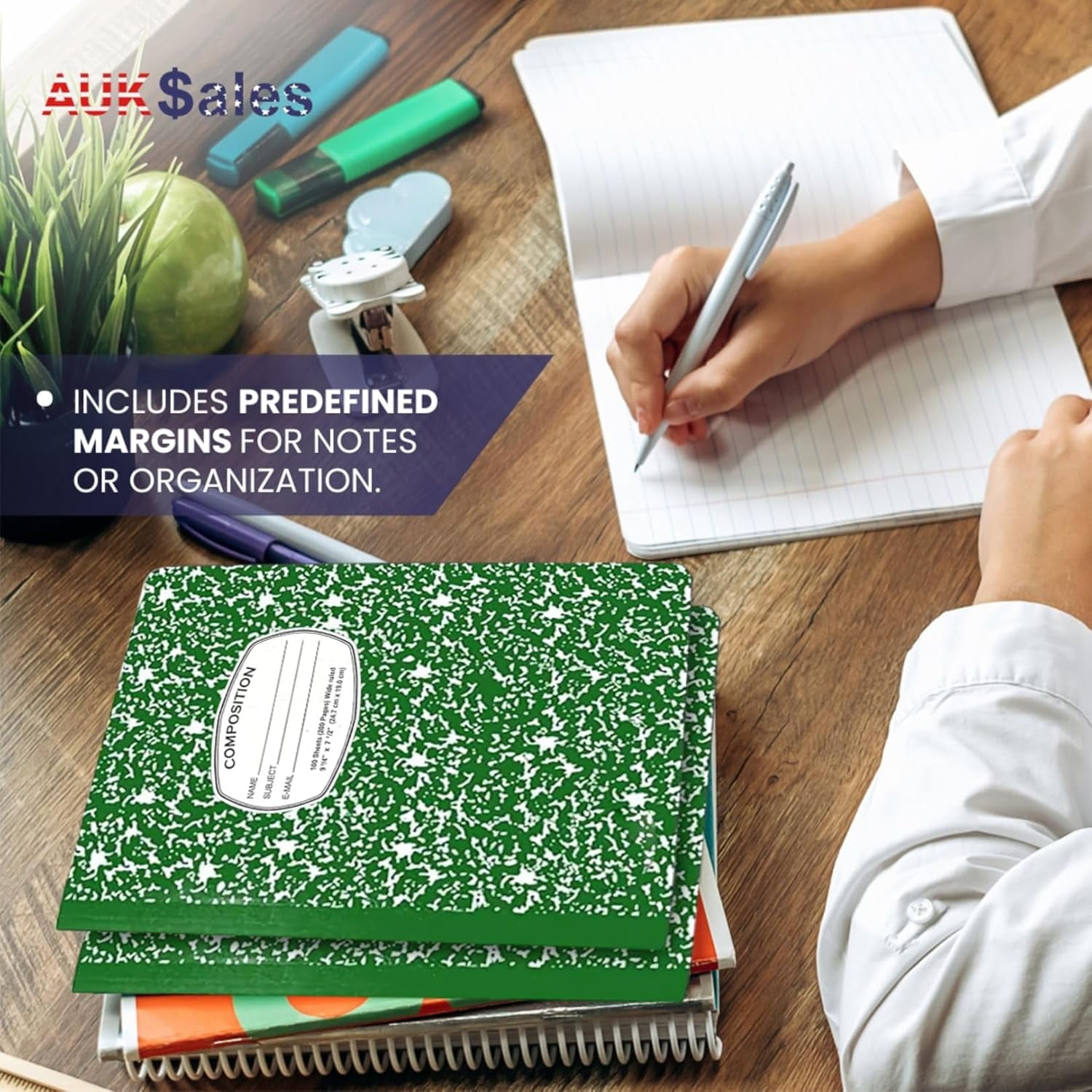 AUKSales Composition Notebook 9-3/4" x 7-1/2", Wide Ruled | Case Pack of 48 | Marble Cover -100 Sheets | Ideal for bulk buyers, retailers and wholesalers | Green