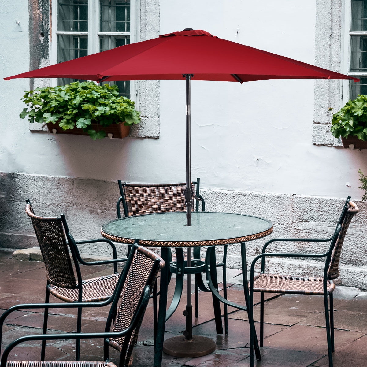 Costway 96" Burgundy Solid Print Hexagon Market Patio Umbrella, UV Protective