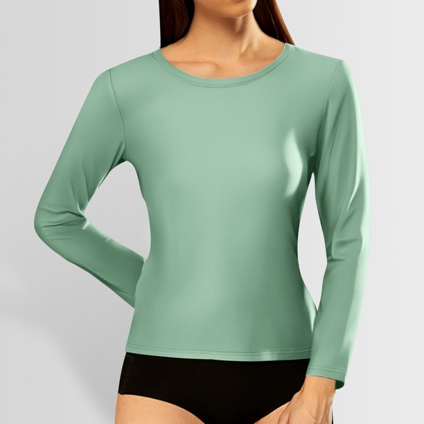 MHFRRA Camiseta Informal de Manga Larga Acanalada con Cuello Redondo y Corte Entallado para Mujer Verde Claro
