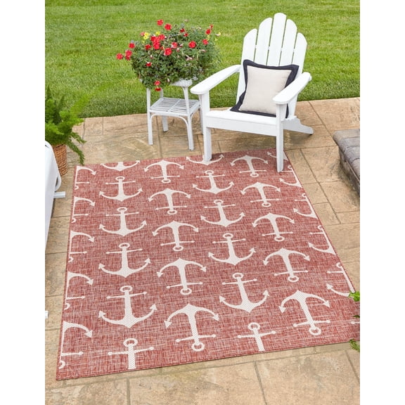 Unique Loom Outdoor Coastal Collection Area Rug - Ahoy (6' x 9' Rectangle Rust Red/Ivory)