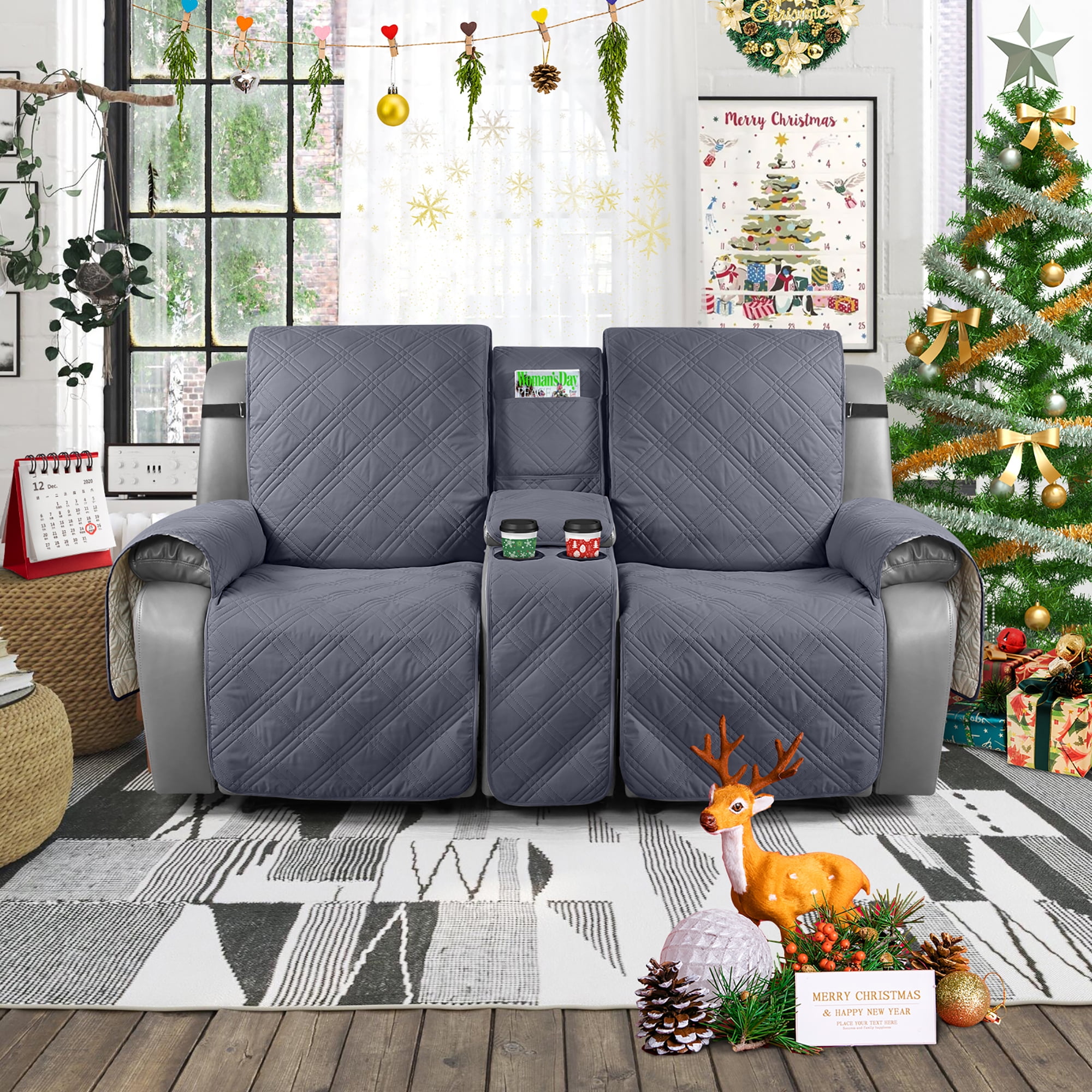 TAOCOCO Waterproof Loveseat Recliner Cover with Console, Non-Slip Pet Slipcover for Dual Loveseat Recliner Split Reclining Loveseat Cover,Dark Gray