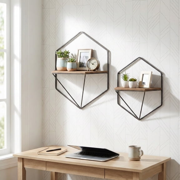 Wall Mounted Geometric Shelves for Home Decor - Hexagon Hanging Storage Organizer for Living Room, Bedroom, or Entryway - Wall Organizer Storage for Bathroom - Set of 2, 20", 16", Brown & Black