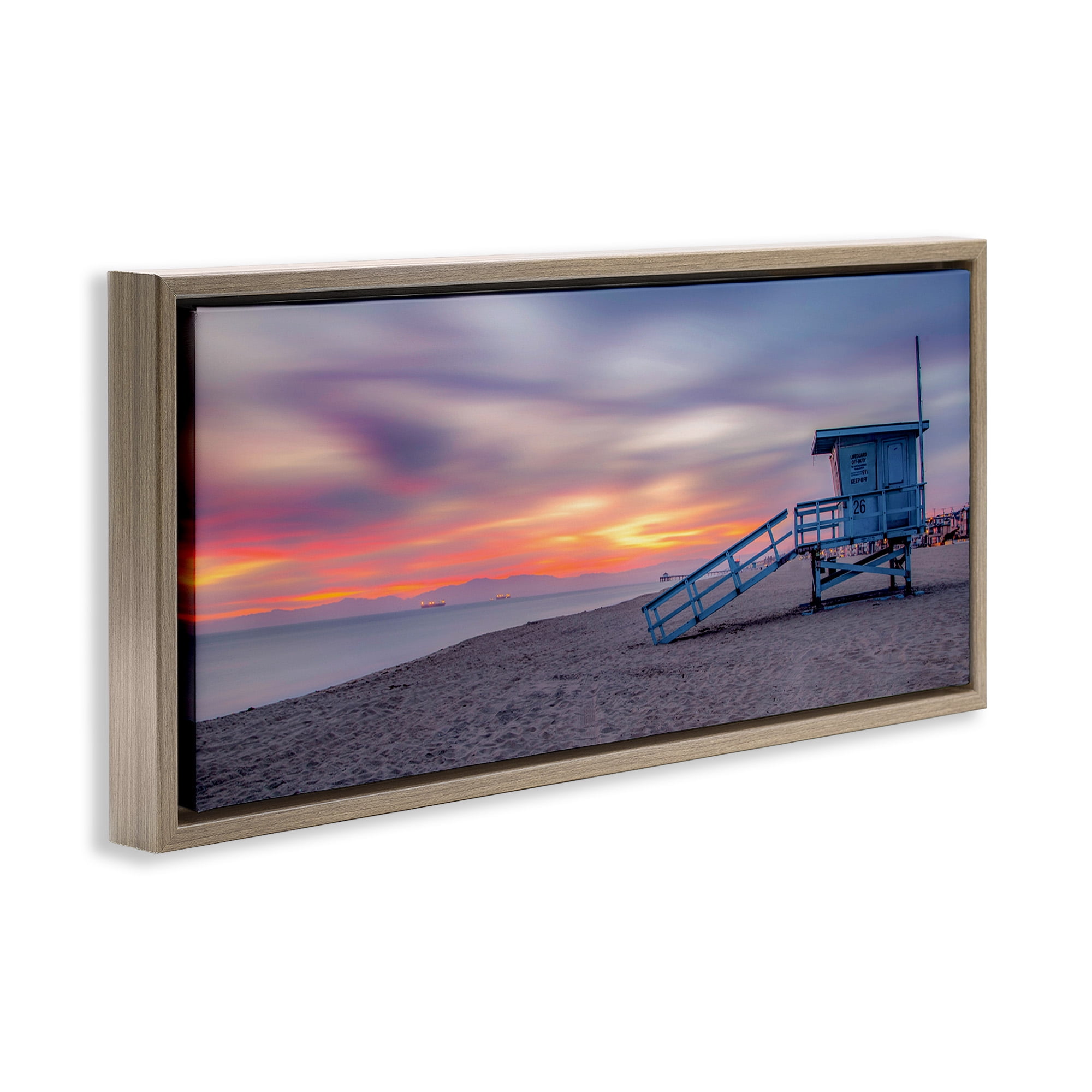 Stupell Industries Beach Hut Sunset Horizon Nature Photography Brown Floater Framed Canvas Art Print Wall Art, 31 x 14