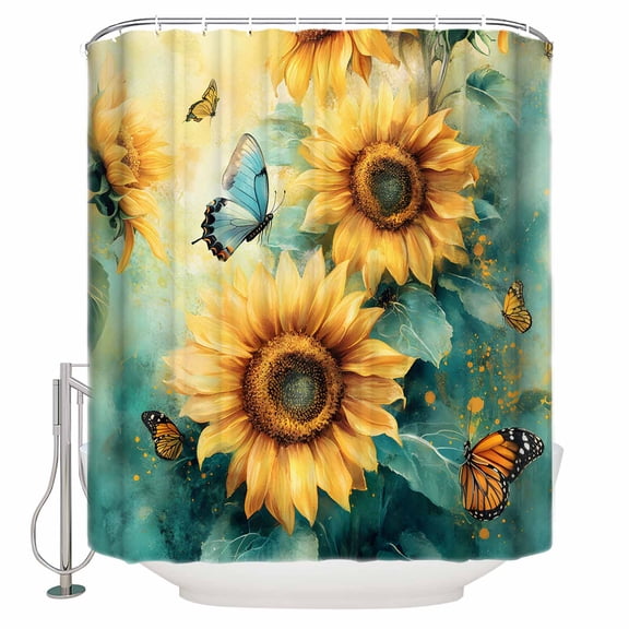 Shower Curtain Bathroom Set Retro Watercolor Pastoral Floral Waterproof Fabric Shower Curtains with Grommets&Hooks Summer Sunflowers Butterfly Privacy Bath Curtain for Bathtub 36x72in
